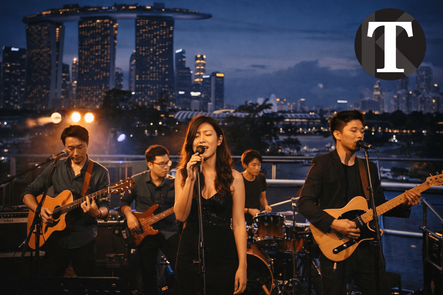 Live band performance with Singapore skyline